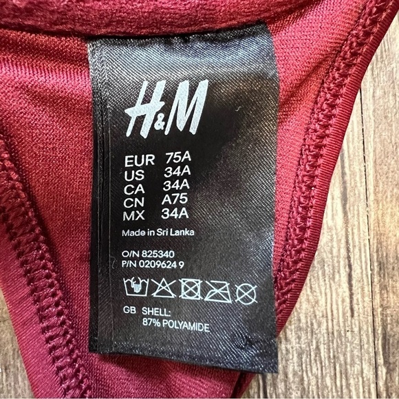 H&M Swim Dark Red Halter Bandeau Push Up Bikini Bra Top Padded Cups Size 34 A - Picture 9 of 12